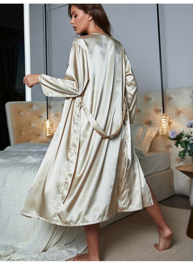 Loquat - Women's Solid Color Imitation Silk 2-Piece Set Nightgown Sleepwear Slip Dress And Night-Robe Soft Loungewear Pajamas Suit Khaki - Image 1