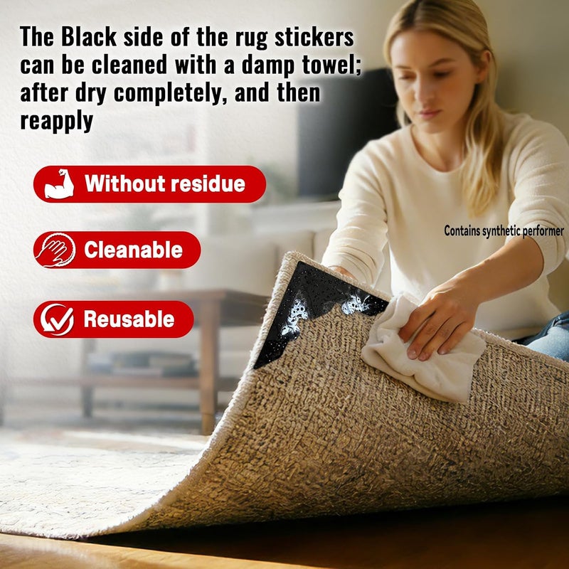 Tikfoam Rug Non Slip Grippers, Reusable Keep Rug Corner Down Tape Stickers for Hardwood Floors and Tiles, Strong Carpet Gripper for Area Rugs, No Damaging for Floor, 24Pcs - Image 4