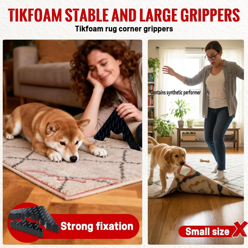 Tikfoam Rug Non Slip Grippers, Reusable Keep Rug Corner Down Tape Stickers for Hardwood Floors and Tiles, Strong Carpet Gripper for Area Rugs, No Damaging for Floor, 24Pcs - Image 5