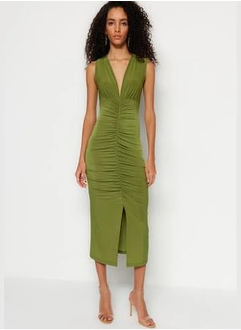 trendyol Green Fitted/Sticky Knitted Midi Dress with Shirring Detail