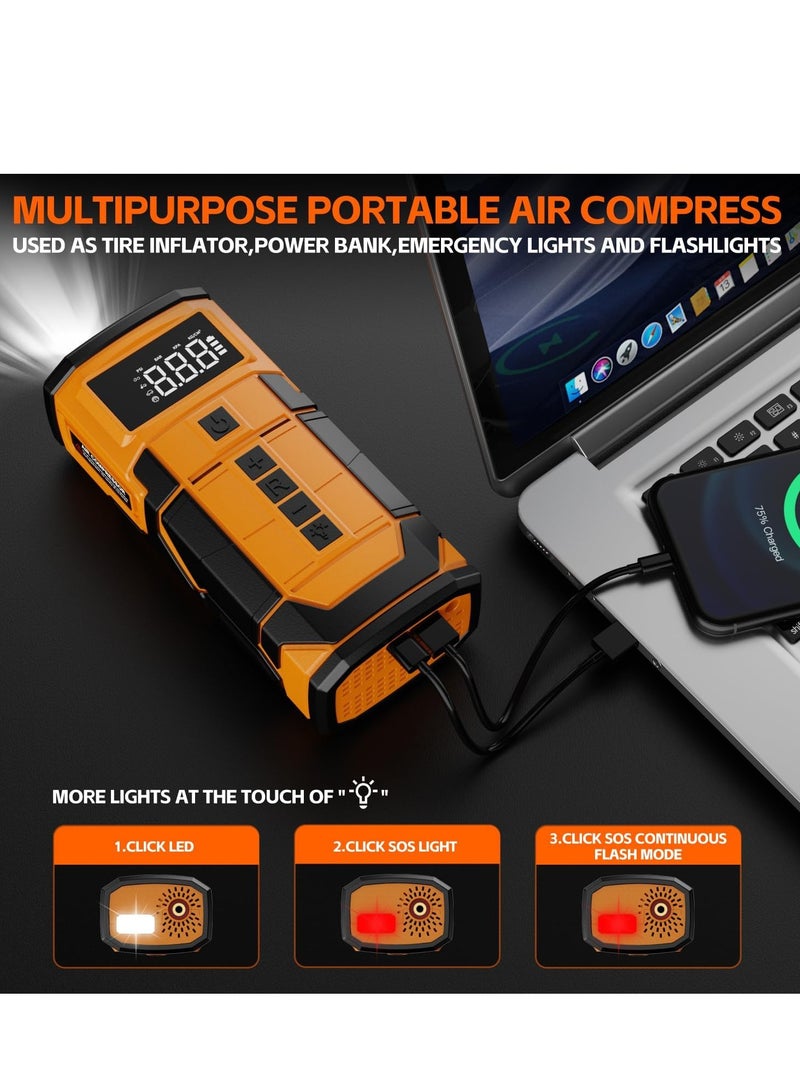 بلو فاير منفاخ إطارات محمول بضغط 150PSI مع بطارية 8000mAh وشاشة رقمية، مضخة هواء كهربائية لاسلكية سريعة قابلة للشحن مع باور بنك USB وضوء LED، وضع نفخ ذكي للسيارة والدراجة النارية والدراجة والكرة – تصميم مدمج للسفر - Image 4