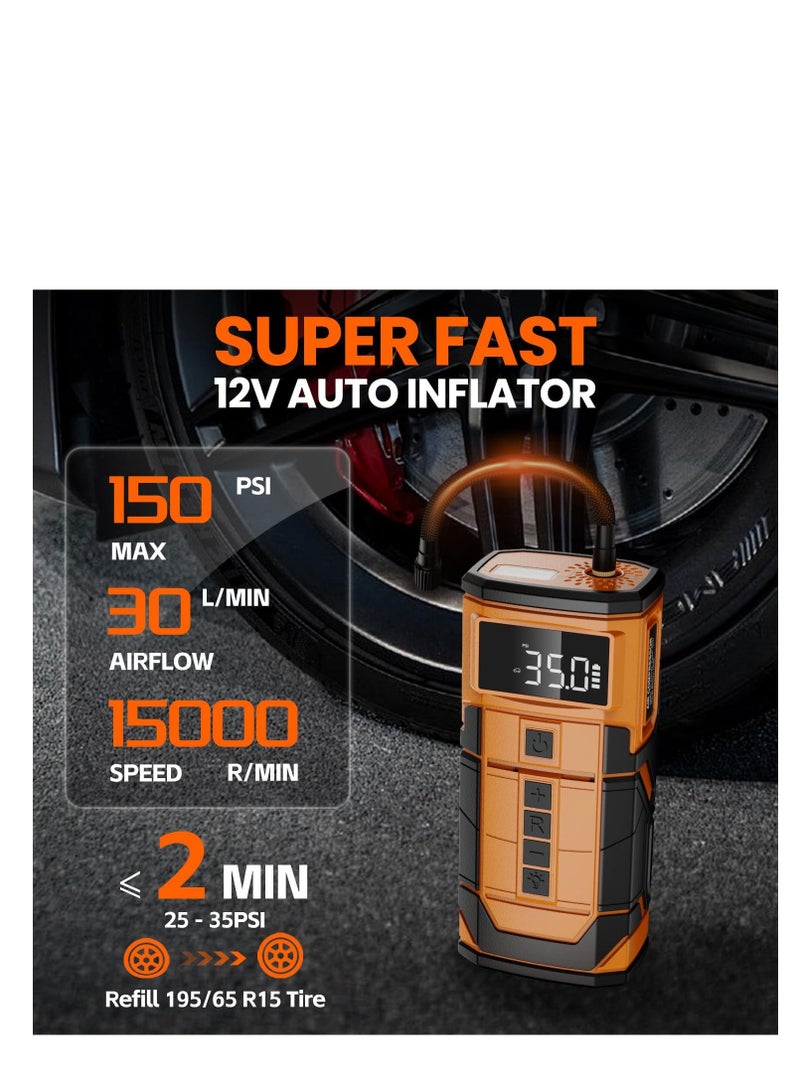 بلو فاير منفاخ إطارات محمول بضغط 150PSI مع بطارية 8000mAh وشاشة رقمية، مضخة هواء كهربائية لاسلكية سريعة قابلة للشحن مع باور بنك USB وضوء LED، وضع نفخ ذكي للسيارة والدراجة النارية والدراجة والكرة – تصميم مدمج للسفر - Image 2