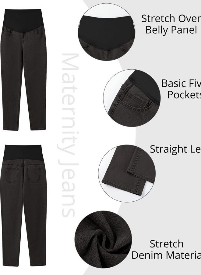 GRAPENT Maternity Jeans for Women Over Belly Comfy Pull On Straight Leg Casual Stretchy Denim Mom Jeans Pregnancy Pants, Washed Black, S - Image 4