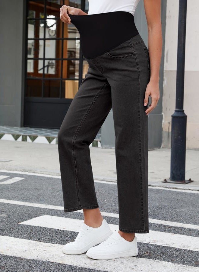 GRAPENT Maternity Jeans for Women Over Belly Comfy Pull On Straight Leg Casual Stretchy Denim Mom Jeans Pregnancy Pants, Washed Black, S - Image 3