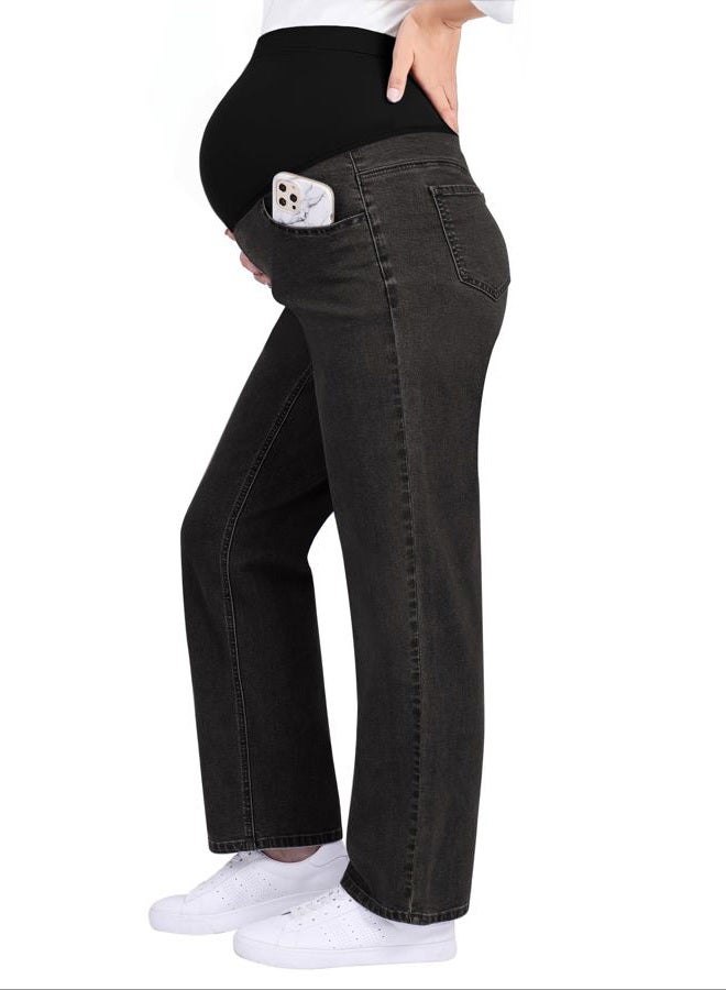 GRAPENT Maternity Jeans for Women Over Belly Comfy Pull On Straight Leg Casual Stretchy Denim Mom Jeans Pregnancy Pants, Washed Black, S - Image 1