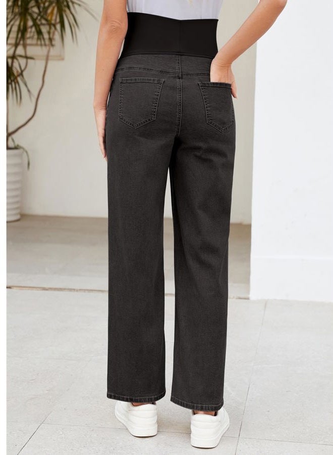 GRAPENT Maternity Jeans for Women Over Belly Comfy Pull On Straight Leg Casual Stretchy Denim Mom Jeans Pregnancy Pants, Washed Black, S - Image 2