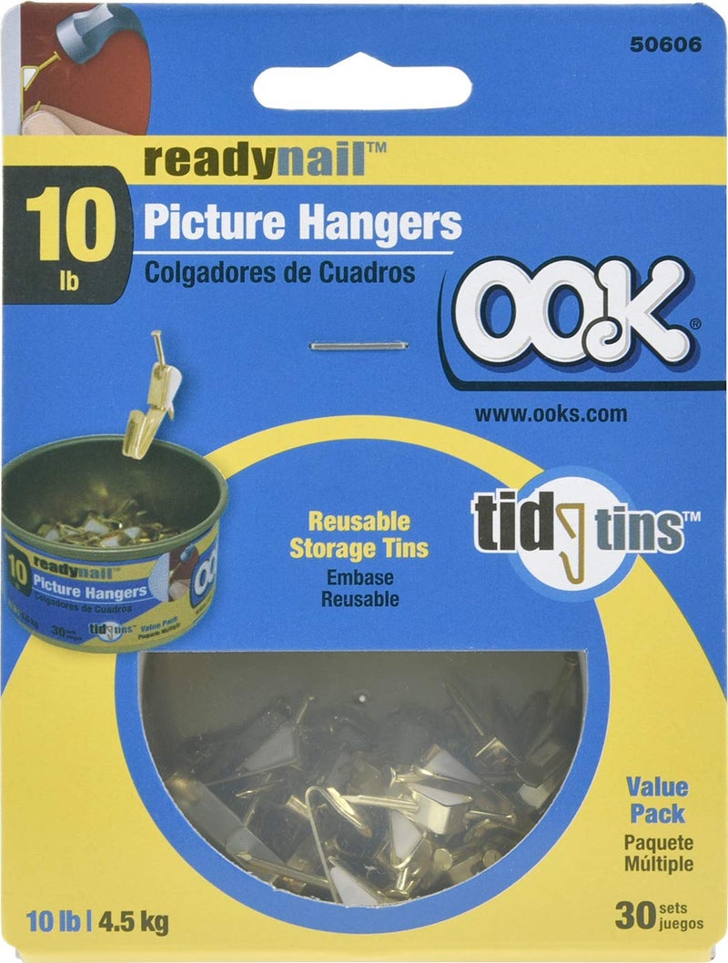 OOK 50606 ReadyNail Picture Hangers, Reusable Art Hooks, Brass, 10lbs (30 Set) - Image 2