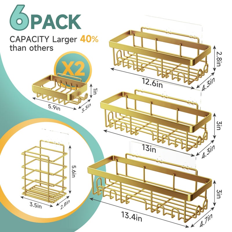 Veken Adhesive Shower Caddy 6-Pack,Gifts for Women Mom,Heavy Weight Bearing,Large Wall Mounted Bathroom Shelves Rack,Organizer Storage Accessories with Soap Dish&Toothbrush Holder,Bright Gold - Image 5