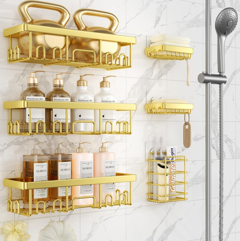 Veken Adhesive Shower Caddy 6-Pack,Gifts for Women Mom,Heavy Weight Bearing,Large Wall Mounted Bathroom Shelves Rack,Organizer Storage Accessories with Soap Dish&Toothbrush Holder,Bright Gold - Image 1