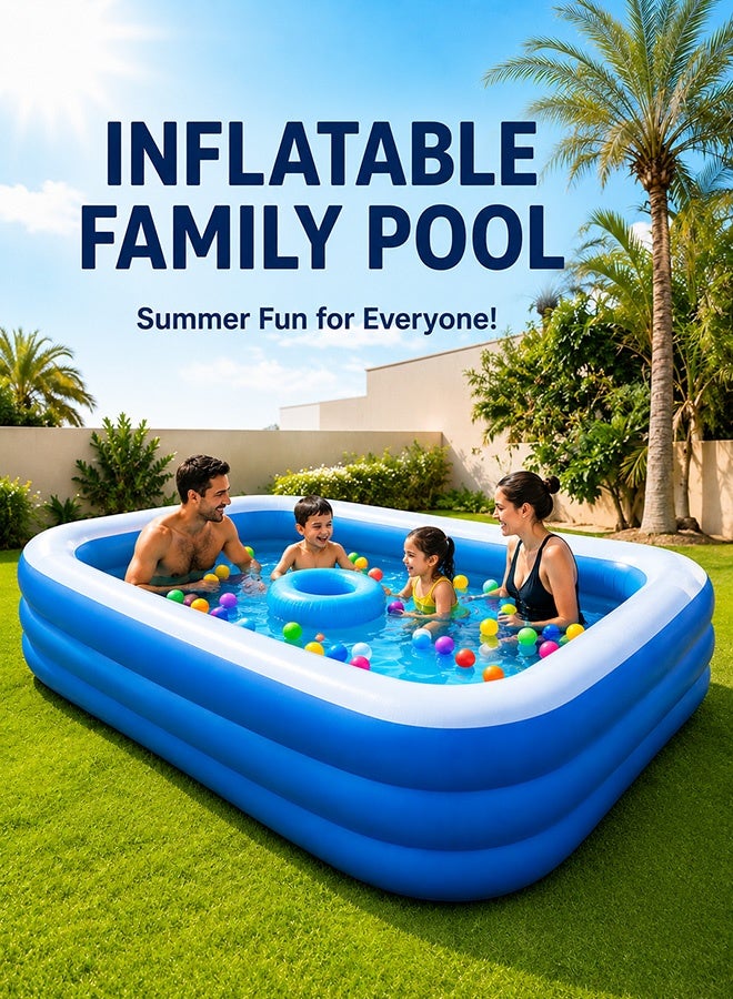 مسبح عائلي قابل للنفخ 210×130×50 سم مصنوع من PVC السميك للأطفال والعائلة للاستخدام الخارجي والحديقة وألعاب الماء الصيفية باللون الأزرق - Image 1