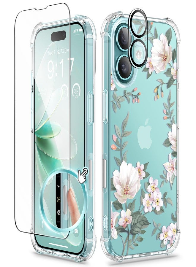 GVIEWIN Compatible with iPhone 16 Case 6.1" 2024, with Screen Protector & Camera Lens Protector, Shockproof Drop Protection Anti-scratch Bumper Clear Floral Cover for Women, Magnolia/White - Image 1