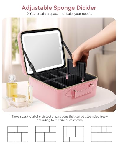 JUSRON Travel Makeup Bag With LED Mirror, Train Case with Light up Mirror, Portable Makeup Artist Organizer Bag with Adjustable Dividers, Makeup Brush Holder Storage (Pink, Large) - Image 4