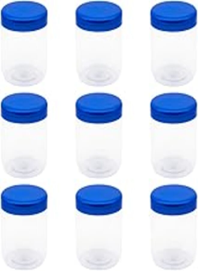 8 Pieces Clear White Plastic Jar Size 300ml - Diameter 7 Centi - Smooth Blue Lid and Plastic Medicine - High Quality and Healthy Plastic Empty Refill Round Storage Jar - by Funoni (Smooth Blue Lid)