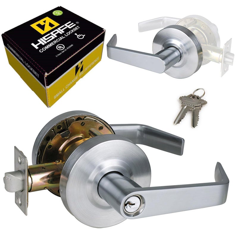 HISAFE Storeroom Door Handle Heavy Duty Grade 2 Commercial Door Locks, Non-Handed, UL 3 Hour Fire Rated, ADA Compliant, Satin Chrome Finish 26D, 2-3/4''Backset, X-XG-ST-70 - Image 1