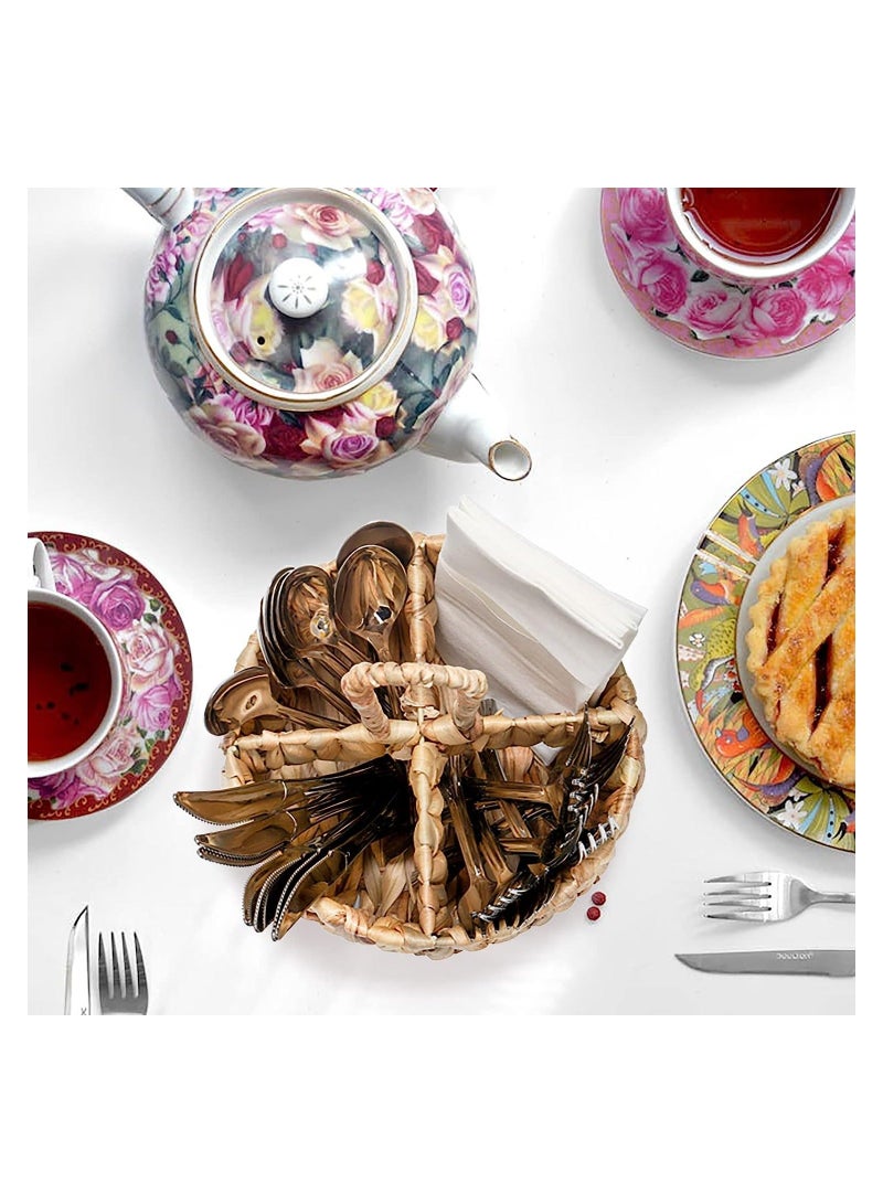 Water Hyacinth Woven Utensil Caddy with Handle, Silverware Caddy Flatware Caddy Kitchen Organizer, Hand Woven Wicker Flatware Cutlery Caddy for Kitchen Dining Table Picnic (2 PCS) - Image 4