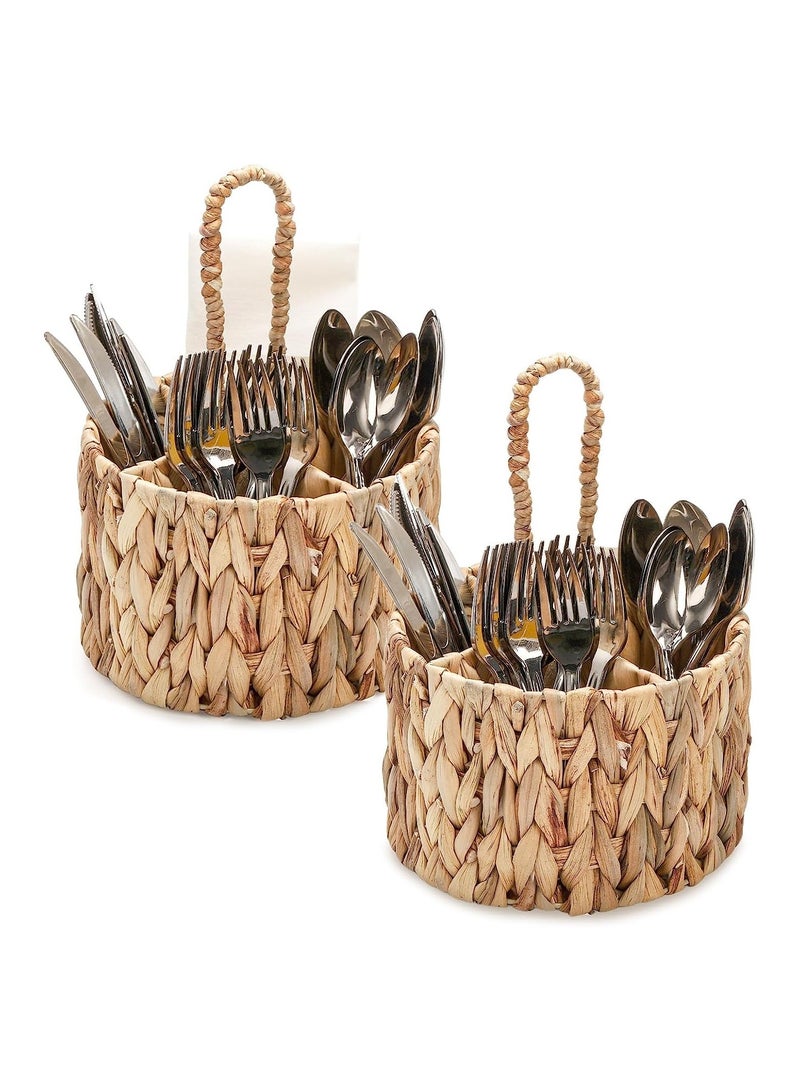 Water Hyacinth Woven Utensil Caddy with Handle, Silverware Caddy Flatware Caddy Kitchen Organizer, Hand Woven Wicker Flatware Cutlery Caddy for Kitchen Dining Table Picnic (2 PCS) - Image 1