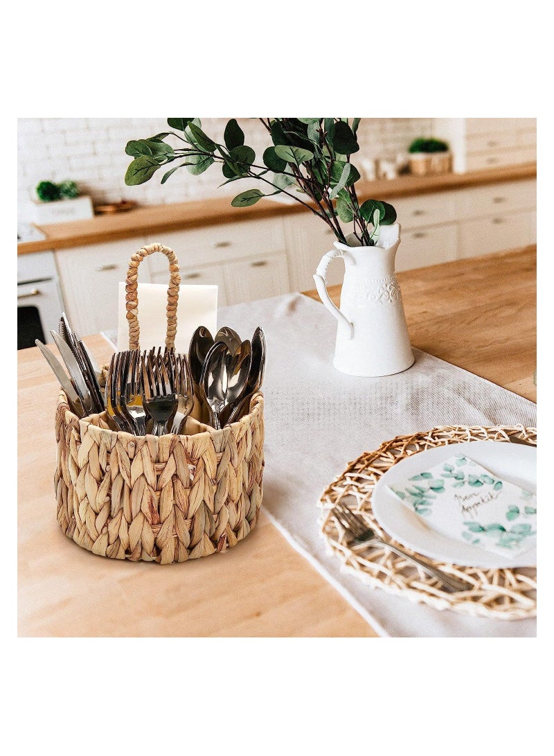 Water Hyacinth Woven Utensil Caddy with Handle, Silverware Caddy Flatware Caddy Kitchen Organizer, Hand Woven Wicker Flatware Cutlery Caddy for Kitchen Dining Table Picnic (2 PCS) - Image 2