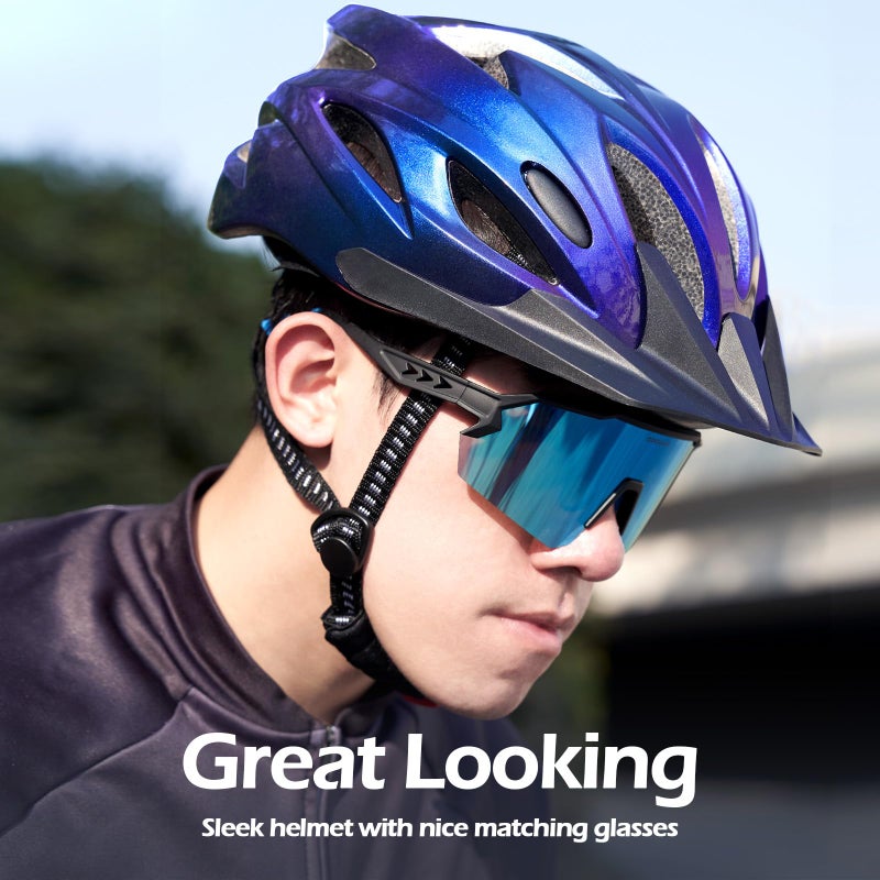 Odoland Bike Helmet with Cycling Sunglasses, Adjustable Size Adult Cycling Helmets for Men Women Road Bike Mountain Ebike, Aurora Blue - Image 2