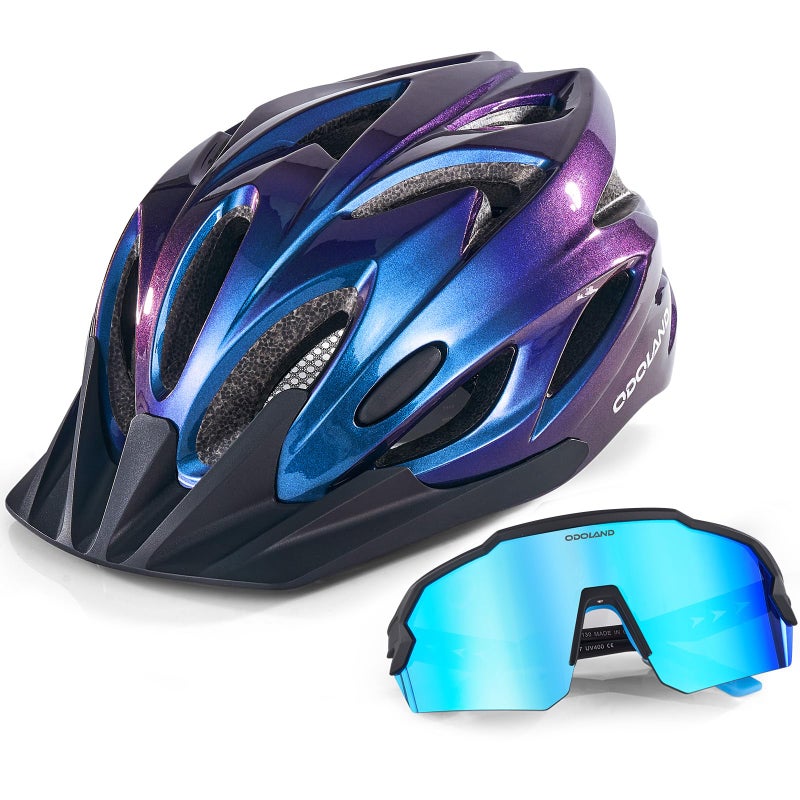 Odoland Bike Helmet with Cycling Sunglasses, Adjustable Size Adult Cycling Helmets for Men Women Road Bike Mountain Ebike, Aurora Blue - Image 1