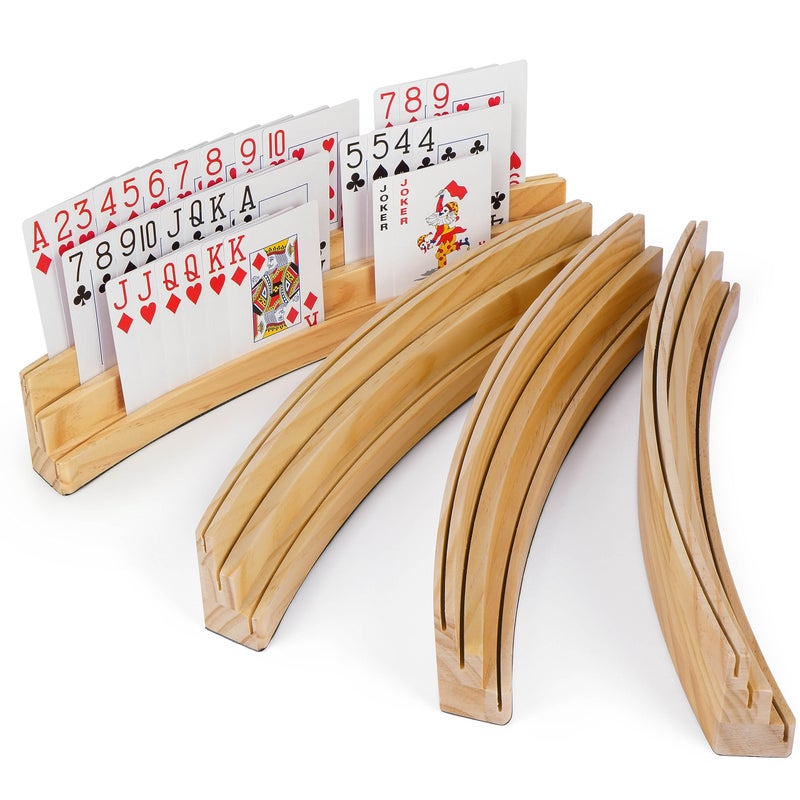 LotFancy Playing Card Holders for Kids Adults Seniors, Set of 4, 3-Tier Curved Wooden Card Holder for Family Card Game Night, Canasta, Bridge, Poker Parties, Hands Free - Image 1