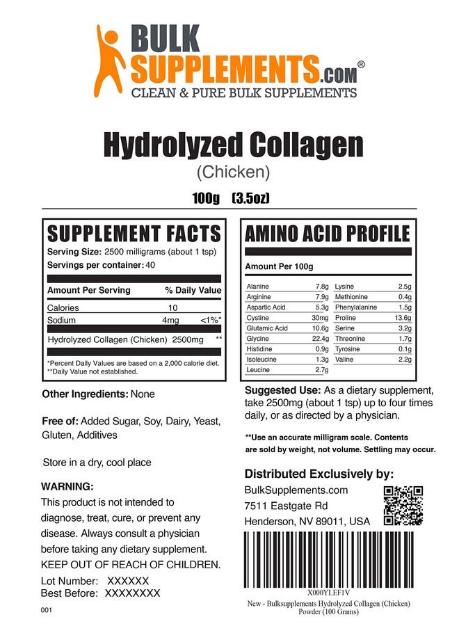 BULKSUPPLEMENTS.COM Chicken Collagen Powder Hydrolyzed Collagen Powder Collagen Supplement Powdered Collagen Collagen Peptides Powder 2500Mg Per Serving (100 Grams 3.5 Oz) - Image 3