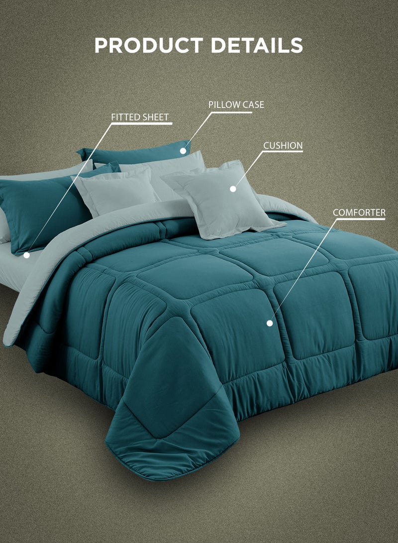 Comforter Set King Size All Season Everyday Use Bedding Set Extra Soft Microfiber 6 Pieces 1 Comforter 2 Pillow Covers 1 Bedsheet 2 Cushions  260 x 240Cm