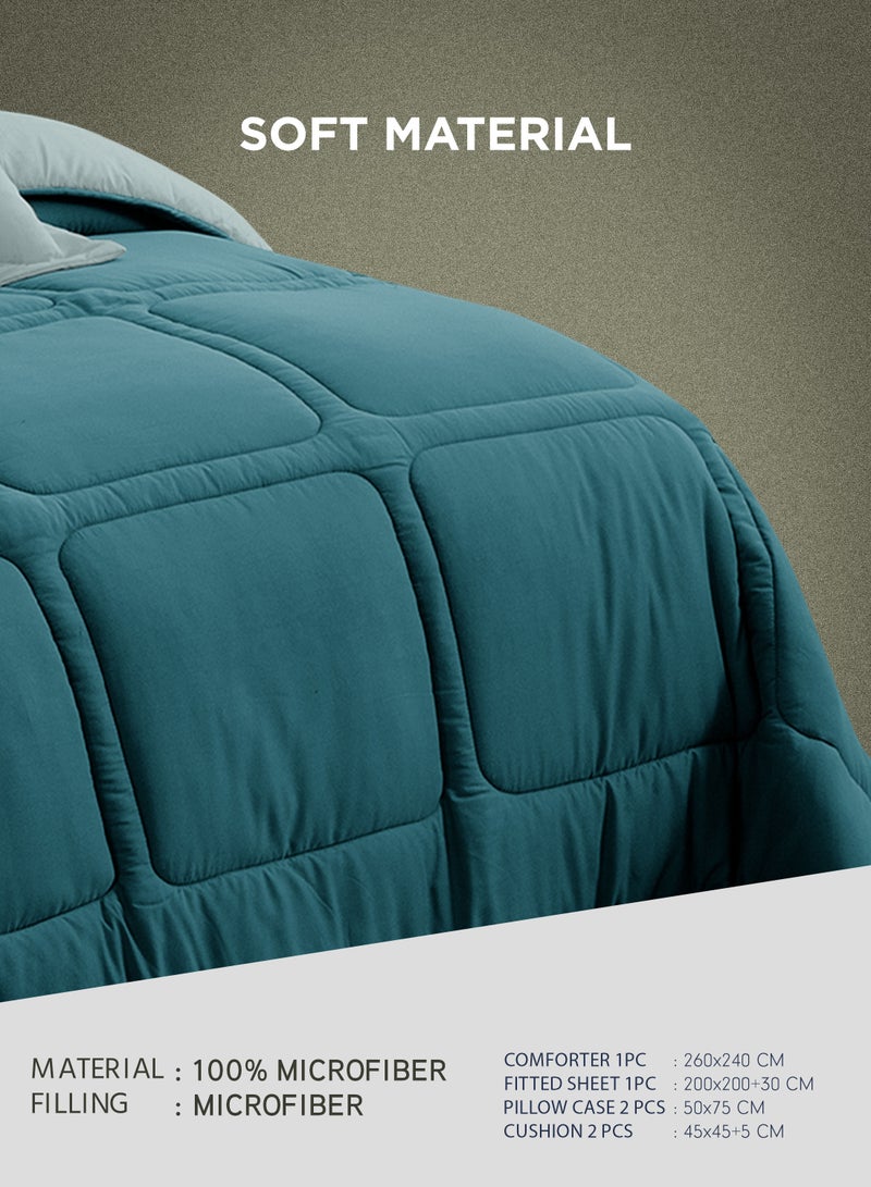Comforter Set King Size All Season Everyday Use Bedding Set Extra Soft Microfiber 6 Pieces 1 Comforter 2 Pillow Covers 1 Bedsheet 2 Cushions  260 x 240Cm