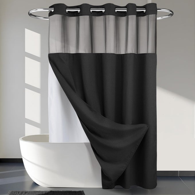 BLACK SHOWER CURAIN NO HOOKS DOTTED WAFFLE WEAVE SHOWER CURTAIN WITH SNAP IN LINER 71W X 74HHOTEL GRADESPA LIKE BATH CURTAIN SET