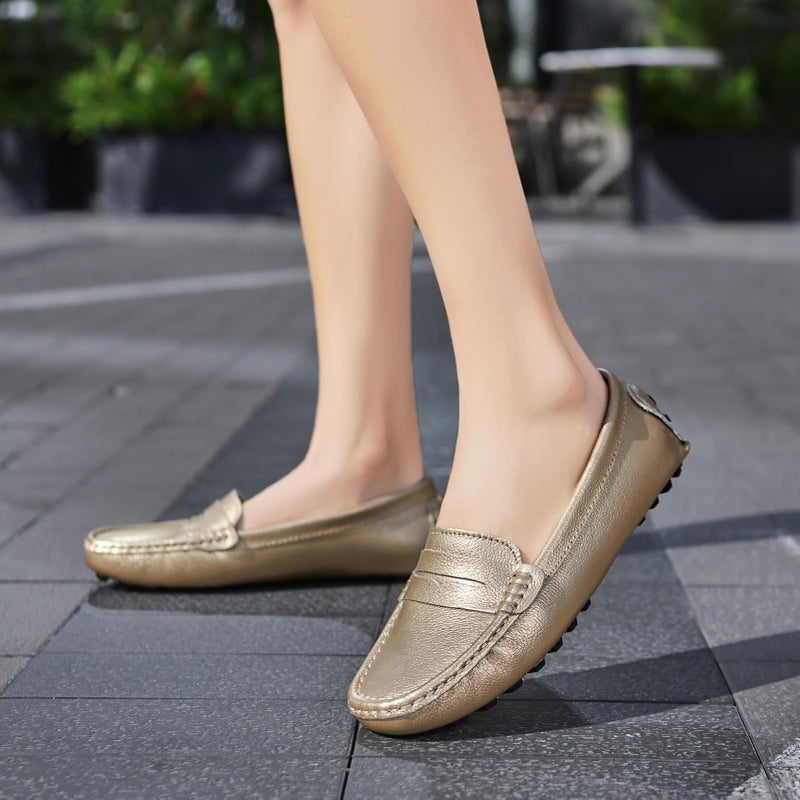 Artisure Women's Classic Handsewn Gold Genuine Leather Penny Loafers Driving Moccasins Casual Boat Shoes Slip On Fashion Office Comfort Flats 6 M US SKS-1221JIN060 - Image 3