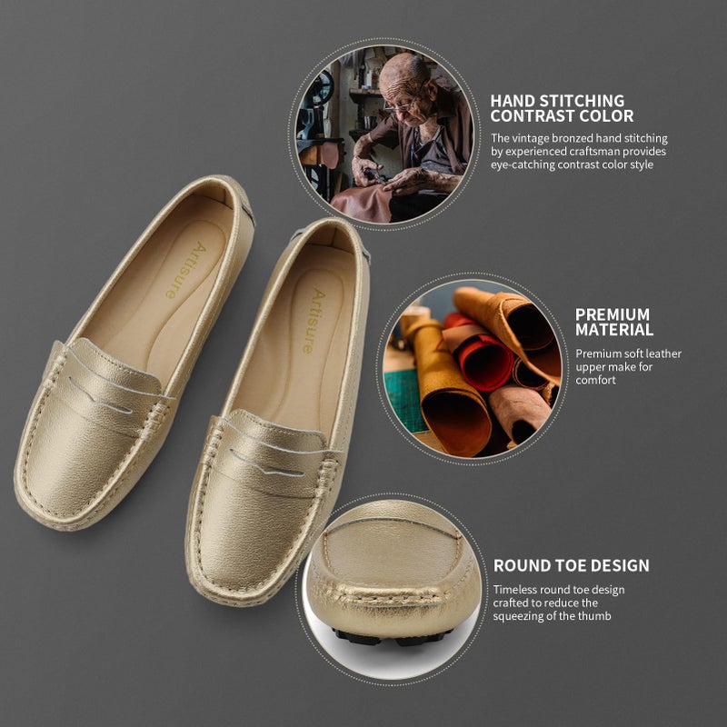 Artisure Women's Classic Handsewn Gold Genuine Leather Penny Loafers Driving Moccasins Casual Boat Shoes Slip On Fashion Office Comfort Flats 6 M US SKS-1221JIN060 - Image 5