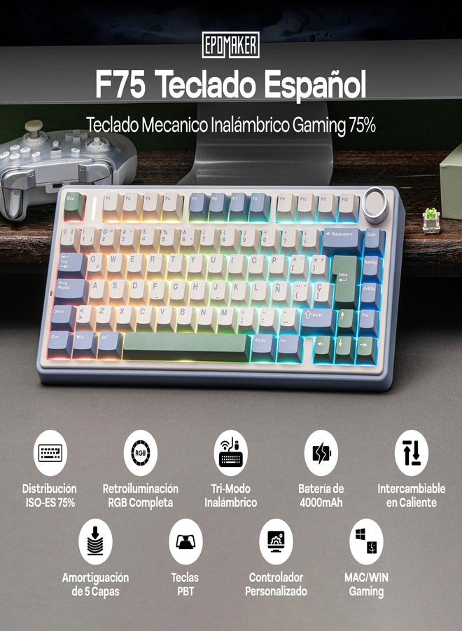 ابوماكر لوحة مفاتيح الألعاب الميكانيكية اللاسلكية EPOMAKER Aula F75 ISO-ES، بتصميم إسباني 75% مع مقبض، وحشية مانعة للتسرب، وعزل للصوت، وإضاءة RGB، وإمكانية التبديل السريع، وتقنية بلوتوث/2.4 جيجاهرتز (أخضر) - Image 2