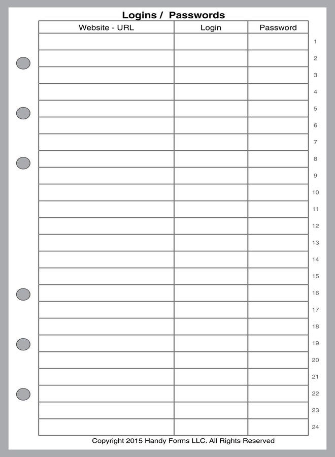 Handy Forms Compact Size Login Password List, Sized and Punched for Franklin Covey Compact and Other Notebooks (4.25" x 6.75") - Image 1
