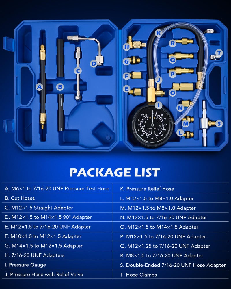 Orion Motor Tech مقياس ضغط الوقود من أوريون موتور تك، مجموعة اختبار ضغط الوقود، مختبر حقن الوقود مع مقياس ضغط 0-140psi، خراطيم محولات، مختبر ضغط البنزين لمختبر حقن الوقود - Image 3