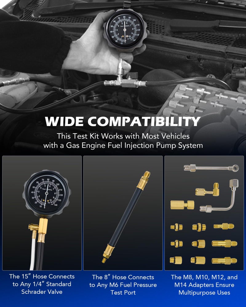 Orion Motor Tech مقياس ضغط الوقود من أوريون موتور تك، مجموعة اختبار ضغط الوقود، مختبر حقن الوقود مع مقياس ضغط 0-140psi، خراطيم محولات، مختبر ضغط البنزين لمختبر حقن الوقود - Image 4