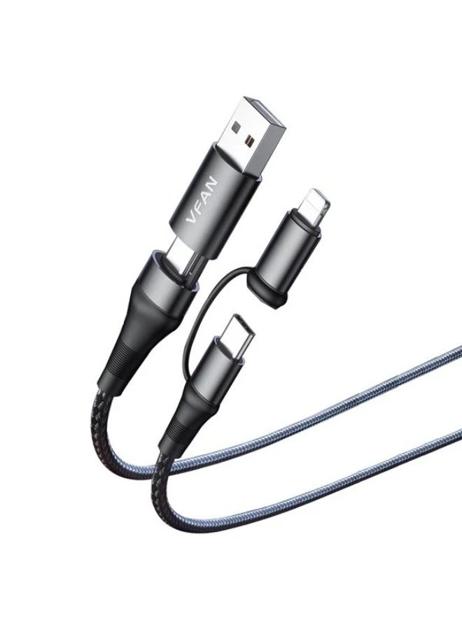 كابل بيانات VFAN X19 للشحن السريع 4 في 1، طول 1 متر، شحن عالي السرعة 3 أمبير لأجهزة USB-C، Lightning، Micro USB وأجهزة Type-C، كابل متين ومحمول للهواتف الذكية والأجهزة اللوحية والأدوات الإلكترونية