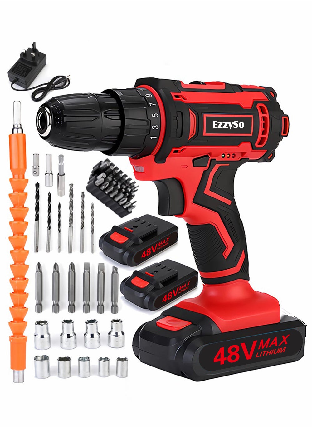 48V Cordless Drill, Two Li-Ion Batteries and Fast Charger, 3/8" Drill Kit, 25+3 Position Clutch, LED Work Light, Variable Speed ​​Drill, 186 lbs of Torque, 24 Accessories + 32-Piece Drill Bit Box 