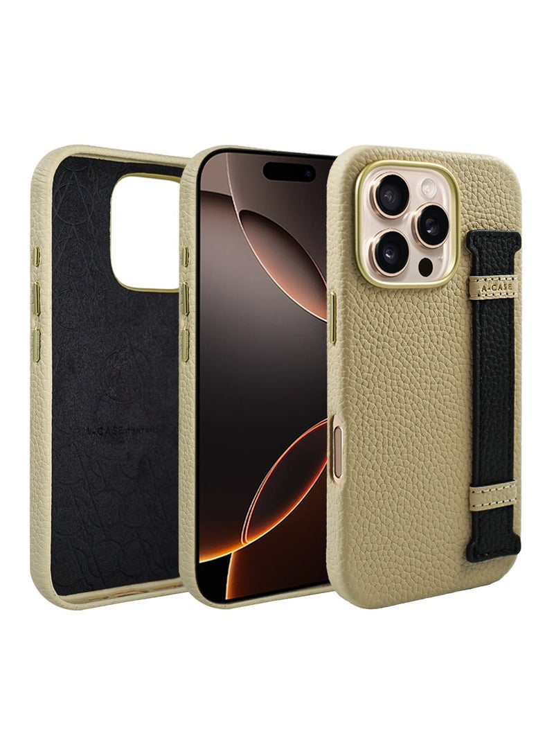 A-Case سلسلة itsmycase Amur Pro مصنوعة من جلد طبيعي 100% بالإضافة إلى الحزام المستخدم كحامل متوافق مع iPhone 16 Pro Max - بيج أسود - Image 1