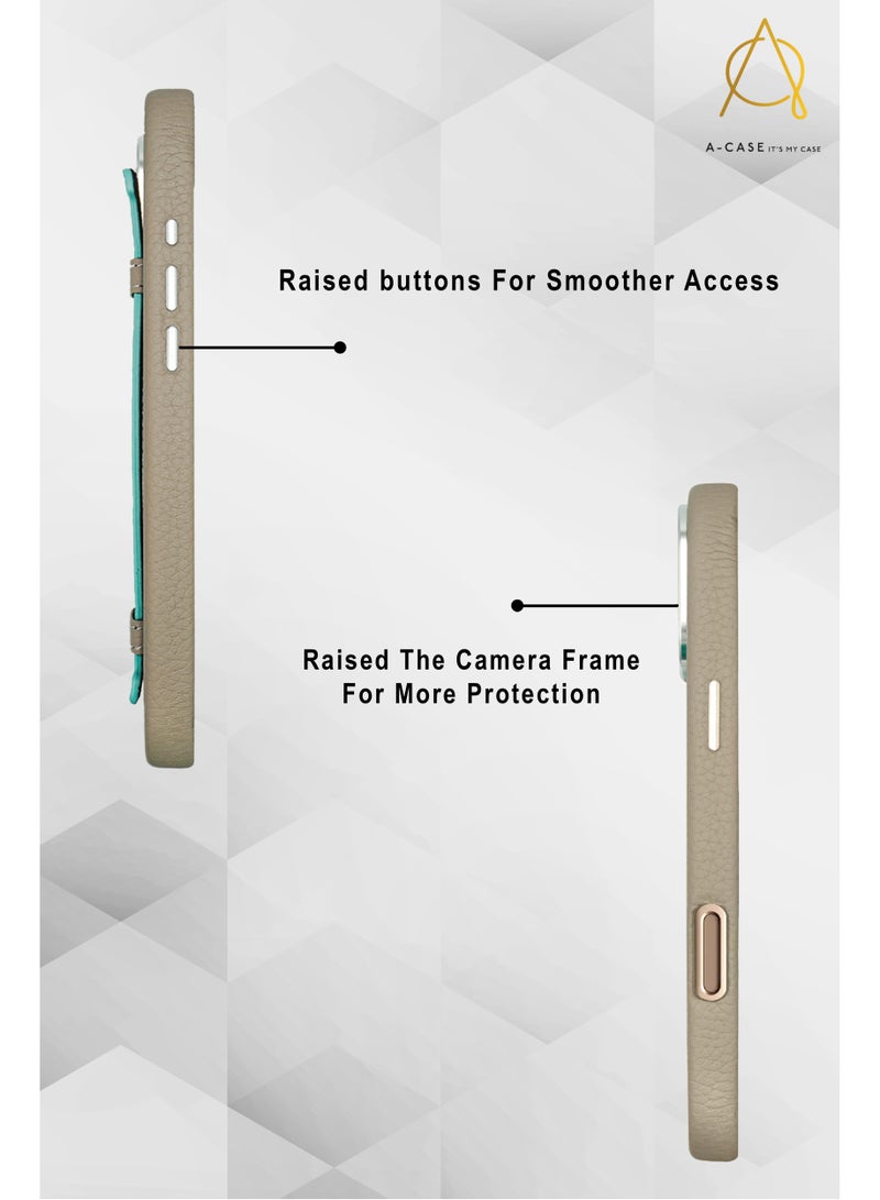 A-Case سلسلة itsmycase Amur Pro مصنوعة من جلد طبيعي 100% بالإضافة إلى الحزام المستخدم كحامل متوافق مع iPhone 16 Pro Max - بيج أسود - Image 4