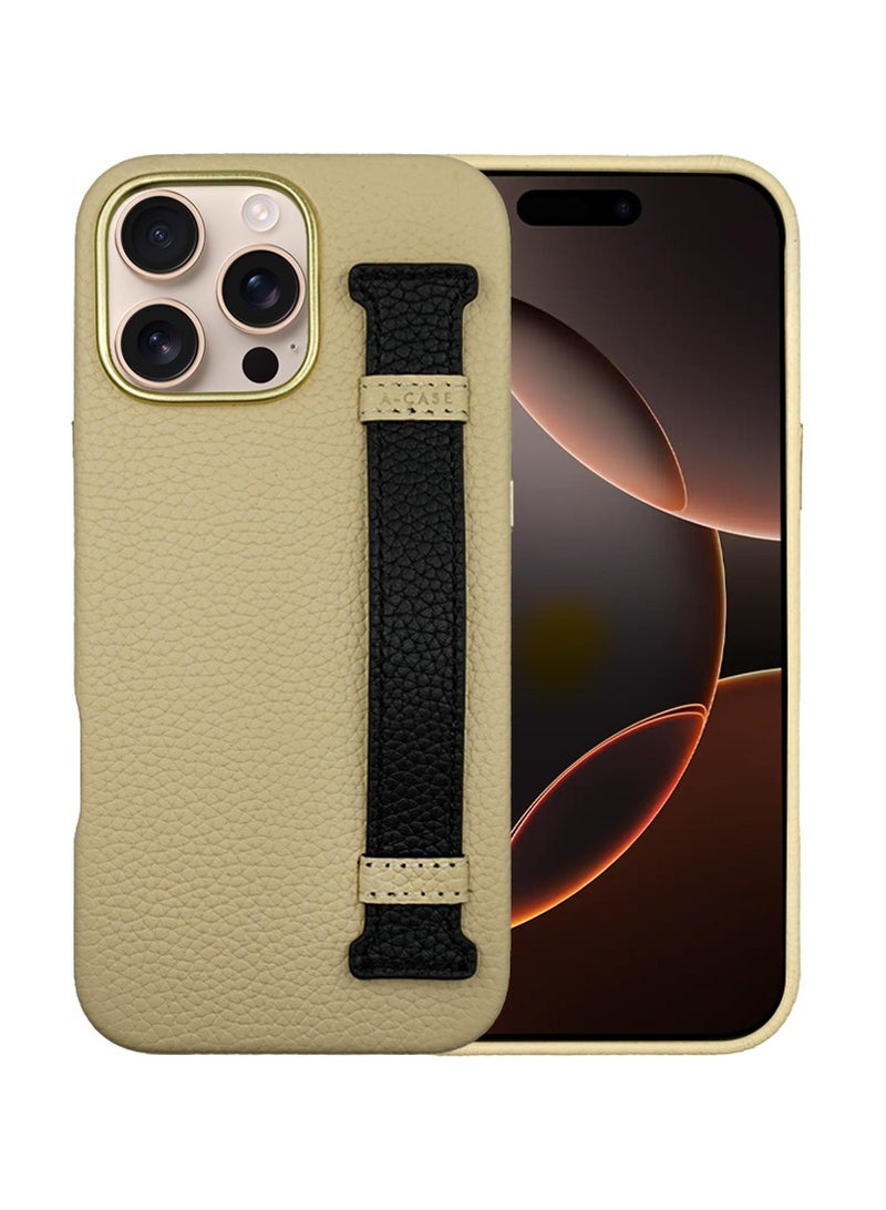 A-Case سلسلة itsmycase Amur Pro مصنوعة من جلد طبيعي 100% بالإضافة إلى الحزام المستخدم كحامل متوافق مع iPhone 16 Pro Max - بيج أسود - Image 2