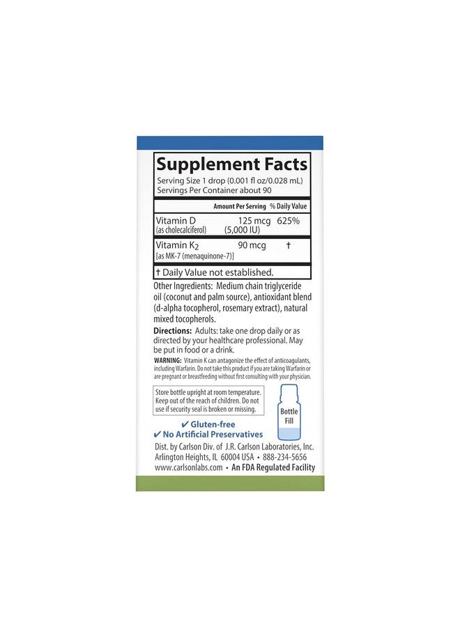 Carlson Super Daily D3 + K2 125 Mcg D3 (5000 Iu) + 90 Mcg Mk7 Heart Health & Bone Support 90 Liquid Drops 2.54 Ml - Image 4