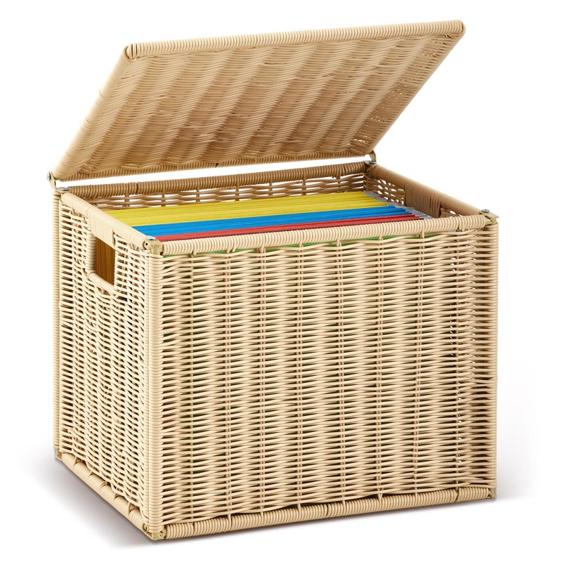 Jingmore Wicker File Storage Box Organizer 14.17 x 11.81 x 11.42 Inch Decorative File Baskets for Hanging Folders Portable Collapsible Letter Size Document Filing Cabinet with Lid for Office Decor - Image 1