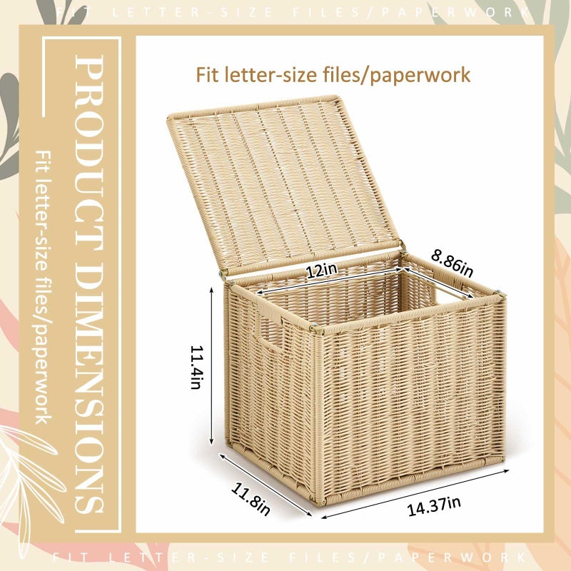 Jingmore Wicker File Storage Box Organizer 14.17 x 11.81 x 11.42 Inch Decorative File Baskets for Hanging Folders Portable Collapsible Letter Size Document Filing Cabinet with Lid for Office Decor - Image 2