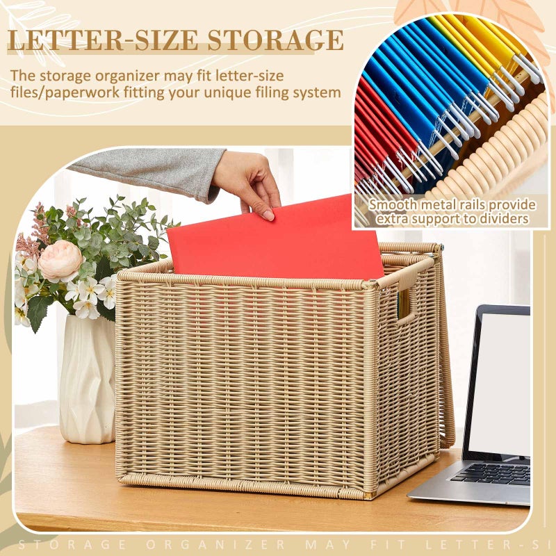 Jingmore Wicker File Storage Box Organizer 14.17 x 11.81 x 11.42 Inch Decorative File Baskets for Hanging Folders Portable Collapsible Letter Size Document Filing Cabinet with Lid for Office Decor - Image 3
