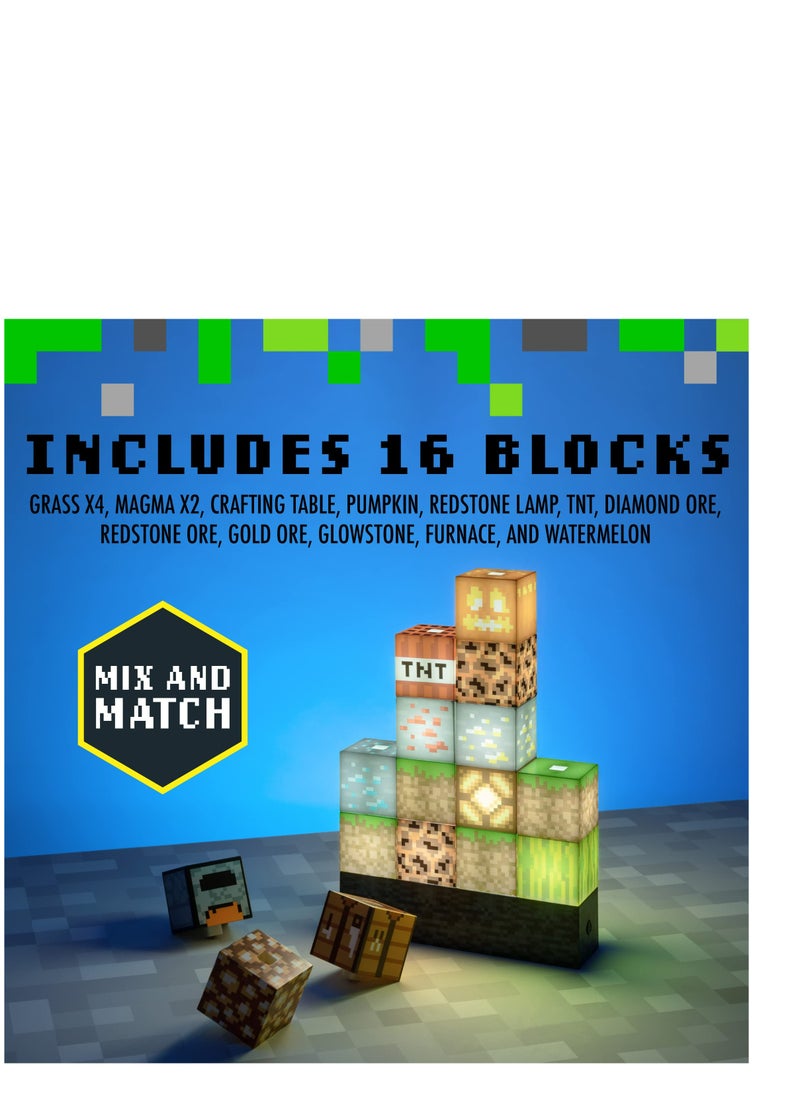 Generic - Minecraft Official Licensed Block Building Lamp 16 Customizable Light Up Blocks - Interactive Decoration, Toy, Nightlight for Kids, Gamer Room Decor, Gaming Gift for Boys and Girls - Image 1