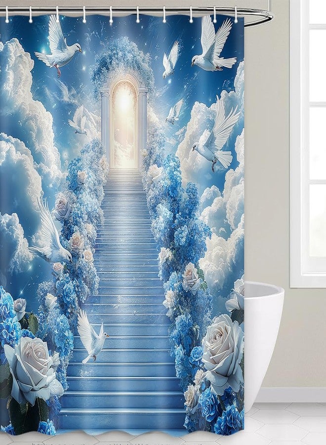 Hajmsug Heaven Shower Curtains Blue Sky White Pigeon Cloud Sea Dreamy Heavenly Stairway and Clouds Holy Light Blue Rose Waterproof Polyester Fabric Bath Curtain 71X71 in - Image 2
