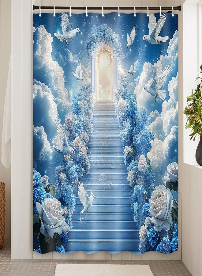 Hajmsug Heaven Shower Curtains Blue Sky White Pigeon Cloud Sea Dreamy Heavenly Stairway and Clouds Holy Light Blue Rose Waterproof Polyester Fabric Bath Curtain 71X71 in - Image 4