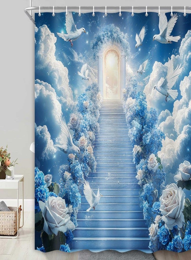 Hajmsug Heaven Shower Curtains Blue Sky White Pigeon Cloud Sea Dreamy Heavenly Stairway and Clouds Holy Light Blue Rose Waterproof Polyester Fabric Bath Curtain 71X71 in - Image 1