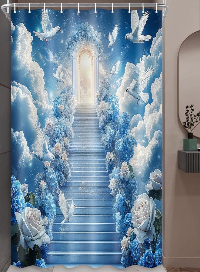 Hajmsug Heaven Shower Curtains Blue Sky White Pigeon Cloud Sea Dreamy Heavenly Stairway and Clouds Holy Light Blue Rose Waterproof Polyester Fabric Bath Curtain 71X71 in - Image 3
