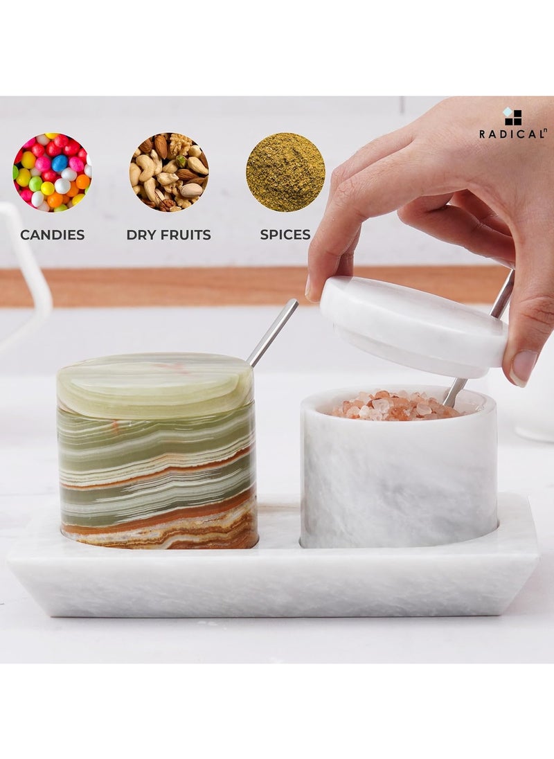 RADICALn Radicaln Marble Salt Cellar With Lid & Tray White and Green Handmade Salt Bowl And Sugar Bowl - Set Of 2 Spices Container Set For Kitchen Storage - Brown Sugar Keeper  - Image 5