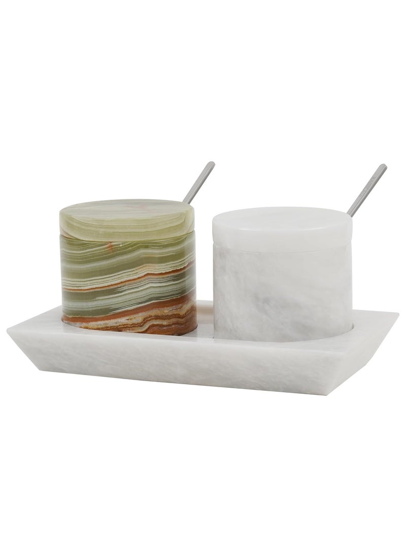 RADICALn Radicaln Marble Salt Cellar With Lid & Tray White and Green Handmade Salt Bowl And Sugar Bowl - Set Of 2 Spices Container Set For Kitchen Storage - Brown Sugar Keeper  - Image 1
